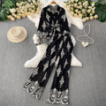 retro style printed lantern sleeve sun protection shirt with turn-down collar and cinched waist + high-waisted slimming wide-leg pants set