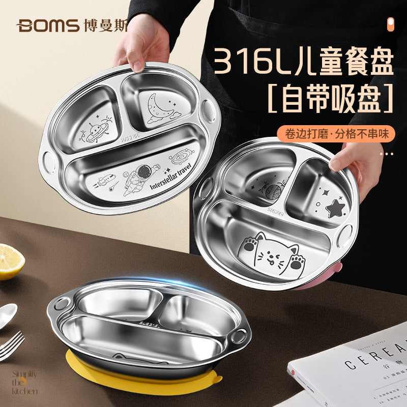 316L stainless steel children's grid dinner plate with non-slip silicone suction cup children's cute baby eating tableware lunch box