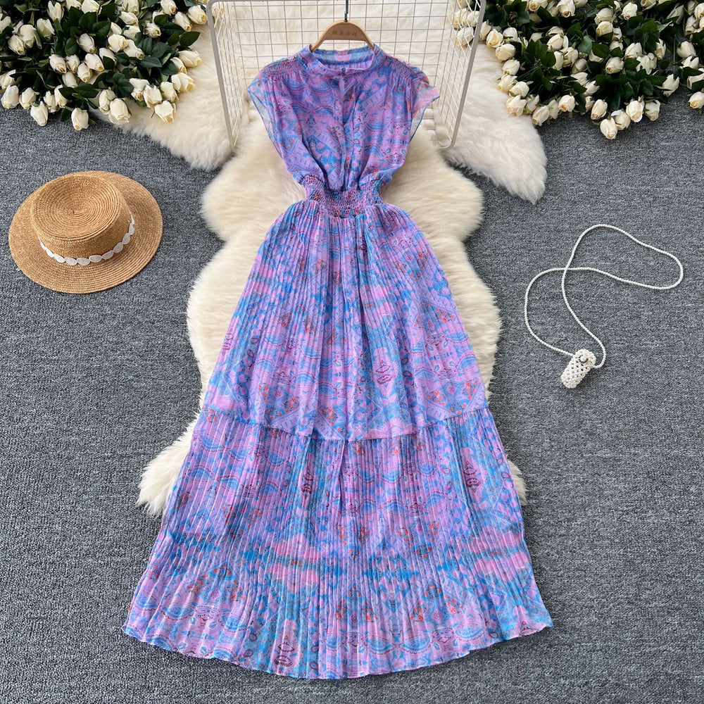 Frenchretroelegancedress women's classy stand collar sleeveless waist slimming look a-line floral pleated chiffon skirt