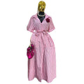 European and american style women's clothing  autumn new collection: sweet and fresh striped turn-down collar short sleeve high-waisted slimming cardigan dress maxi skirt