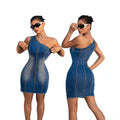 Fashionnew arrival cross-border  waist-slimming elastic washed denim one-step skirt slanted shoulder tassel dress for women