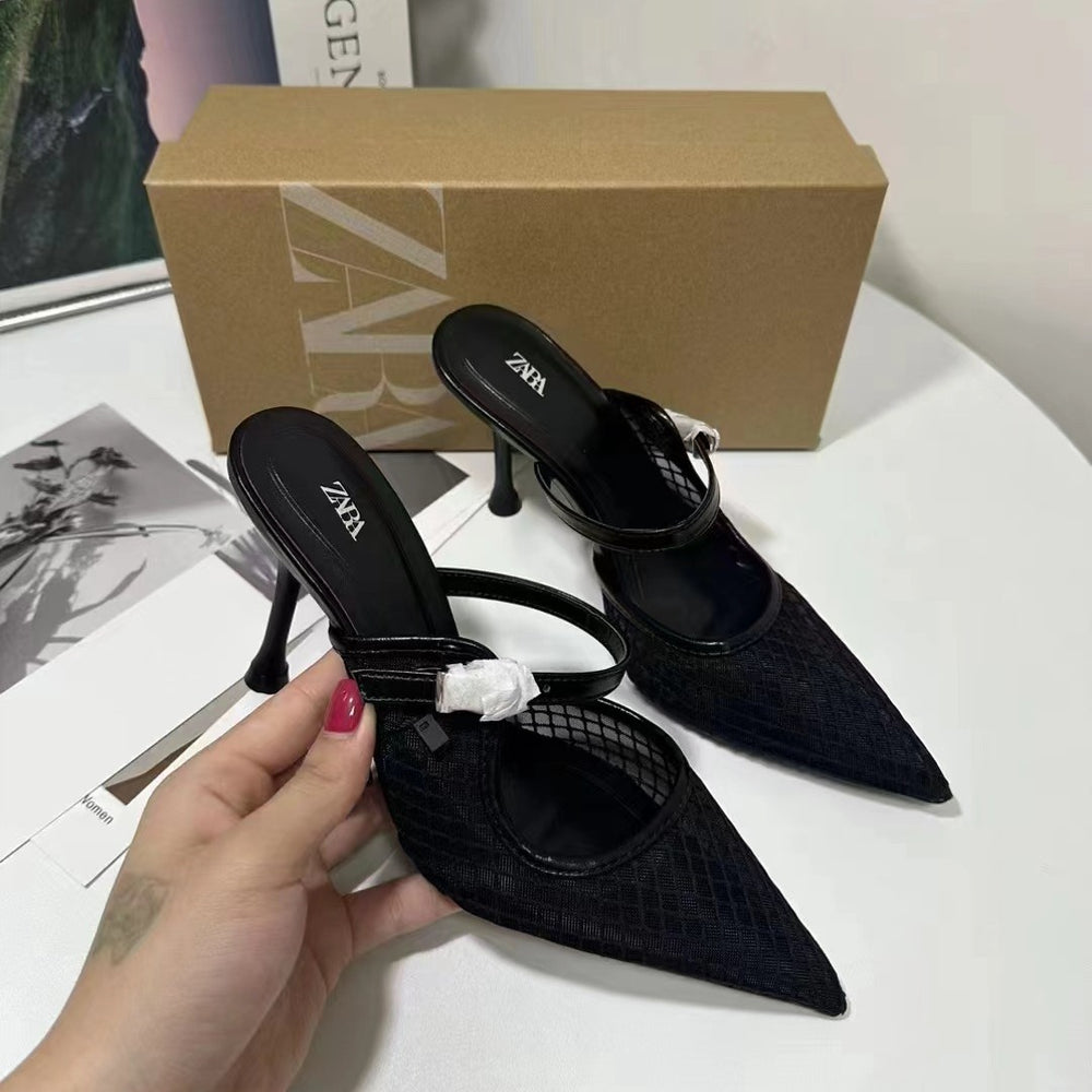 Za new 2024 summer women's shoes: mesh high heels, stiletto heels, thong sandals, low-cut open heels, breathable mules, and sandals