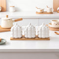 Original dopamine-themed thickened ceramic spice jar set with wooden stand - kitchen salt and seasoning containers with spoons - gift set