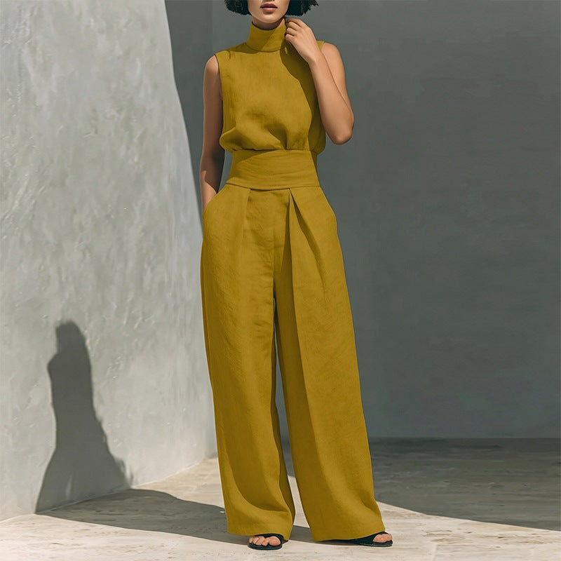 summer new women's clothing: cross-border european and american style, fashionable and elegant solid color high neck sleeveless straight-leg pants set