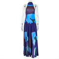European and american style cross-border women's fashion printed waist-cinching pleated bodycon dress stand collar sleeveless color block maxi dress wholesale