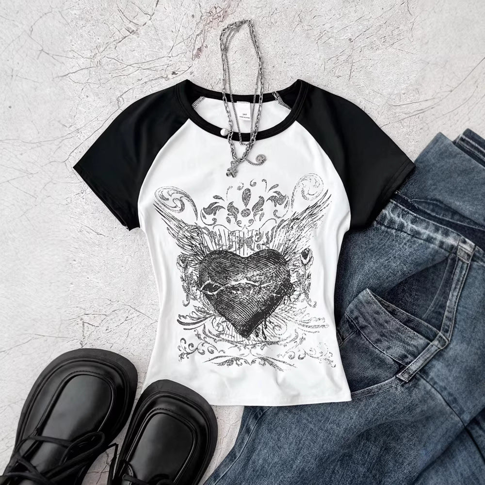 Girls' american retro fashion heart print raglan sleeve black and white color block cropped slim fit top t-shirt