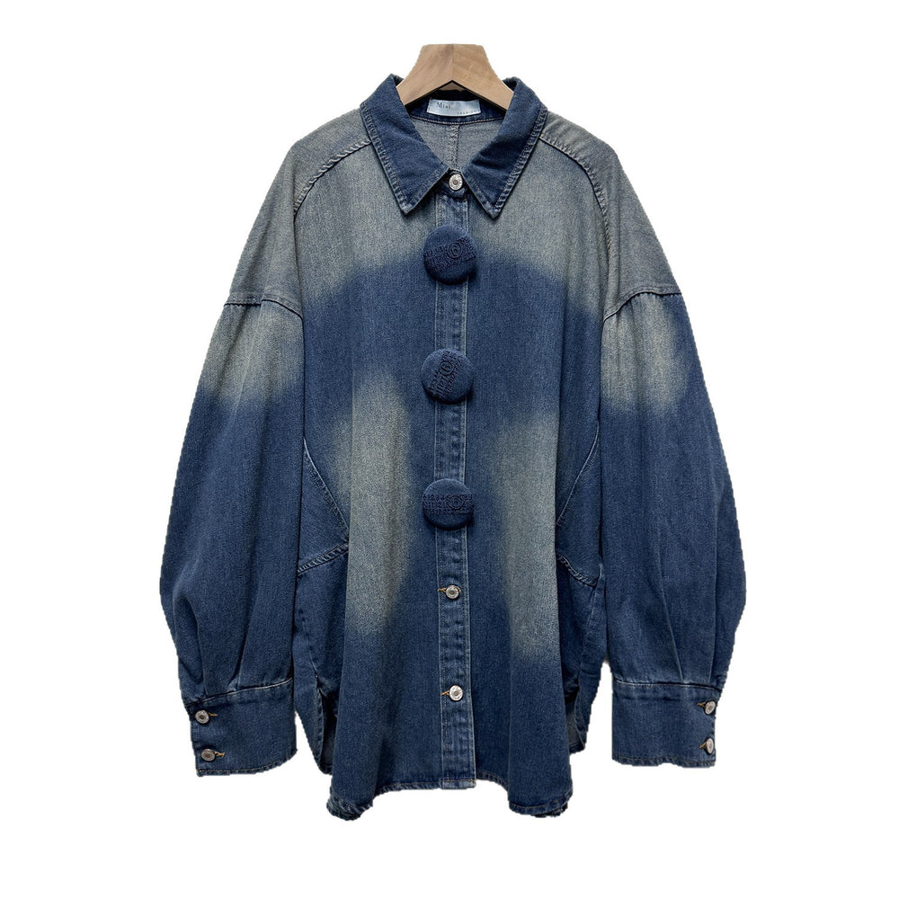 Export spring & fall lapel sense of design metal buckle retro gradient color washed looselong sleeves denim shirt shirt for women
