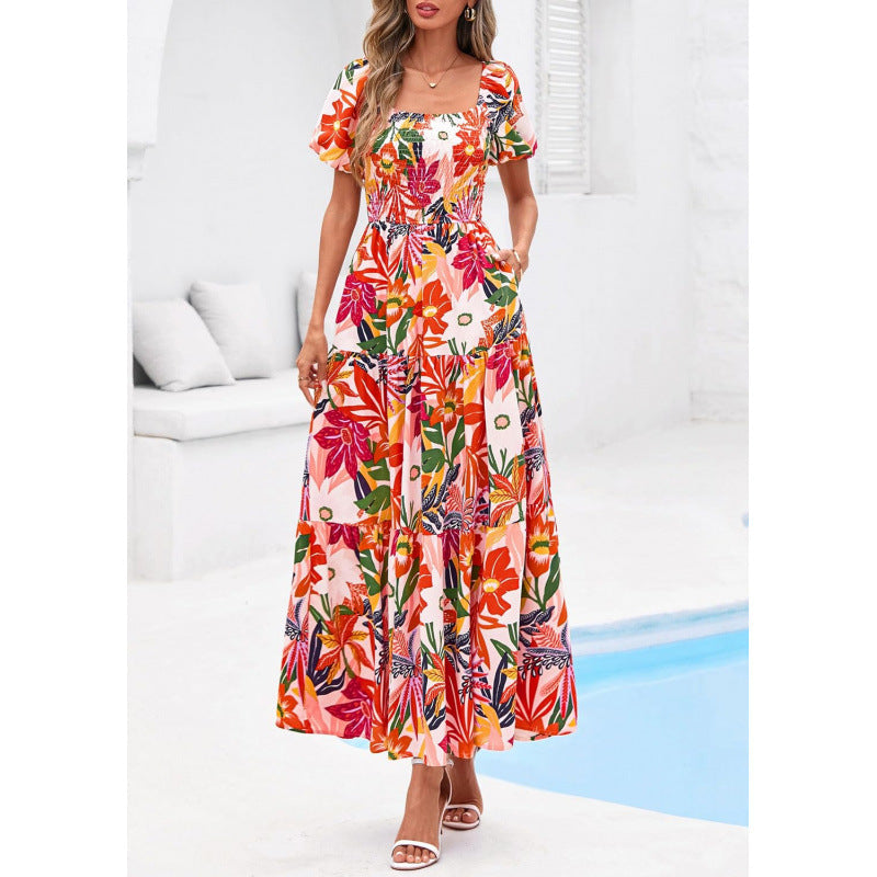 Amazon fashion short-sleeved square neck pleated dresssummernew arrivala-line elegant beach skirt