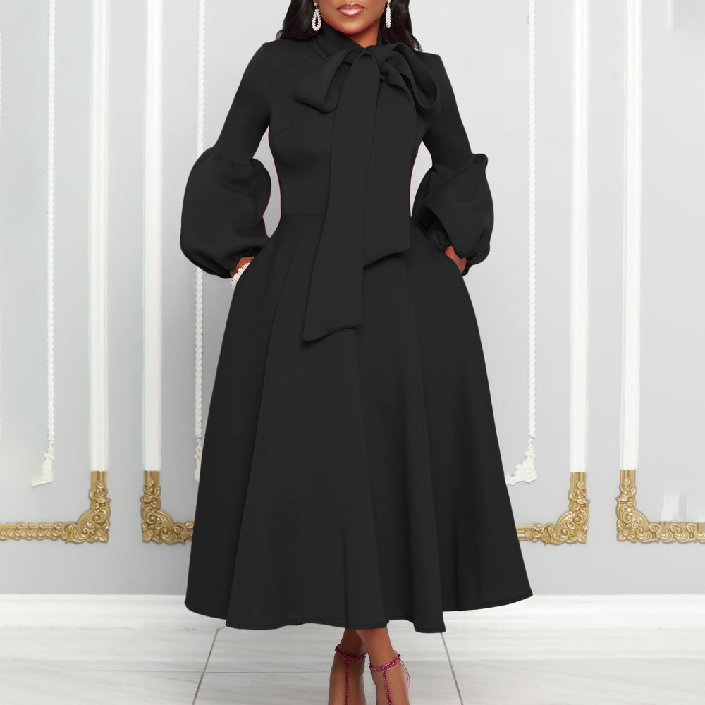 Independent station export women's clothing spring new arrival puff sleeves bowstie back large skirt high waist dress fashiondress