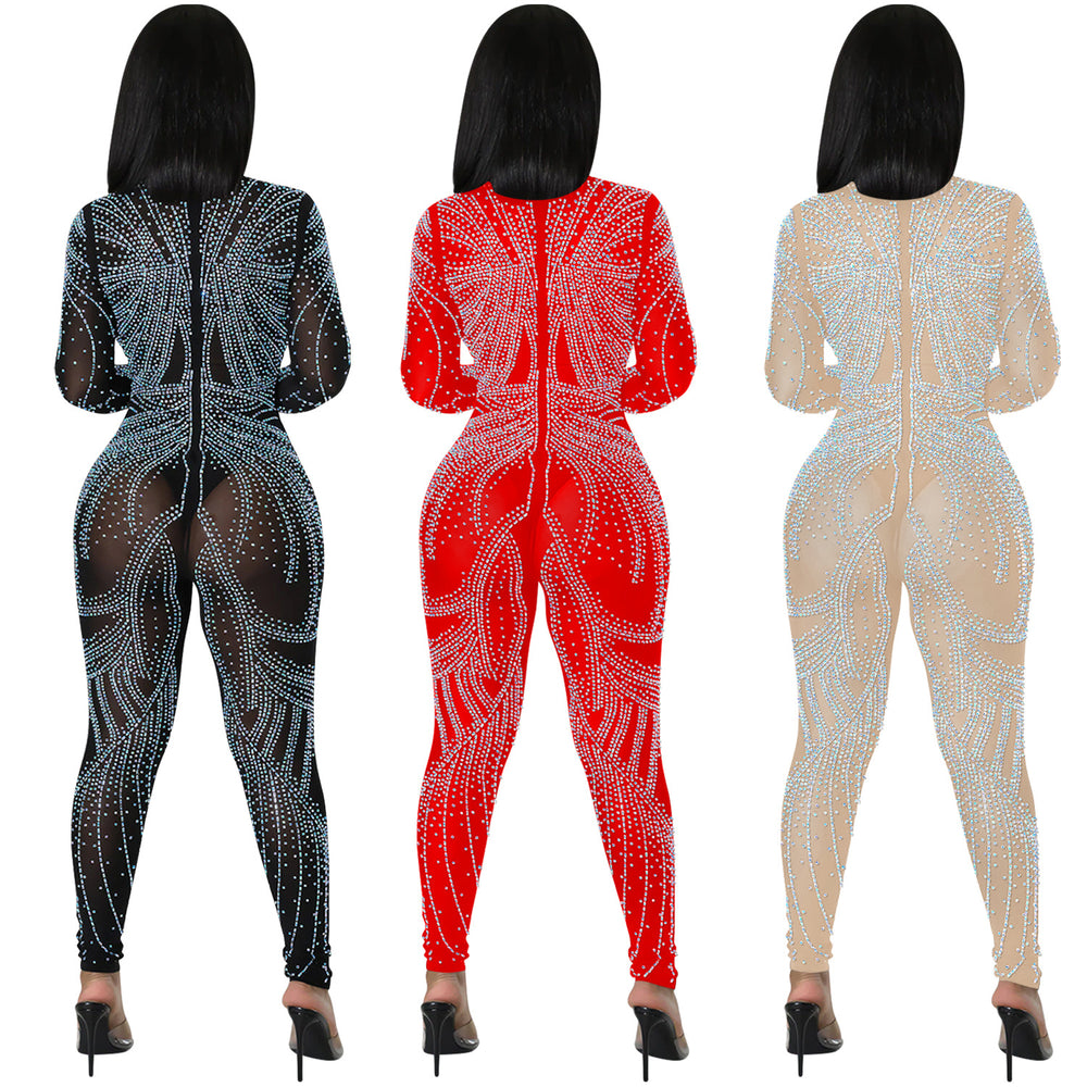 C5885   fashion sexy nightclub mesh see-through long sleeve v-neck jumpsuit women's bodysuit