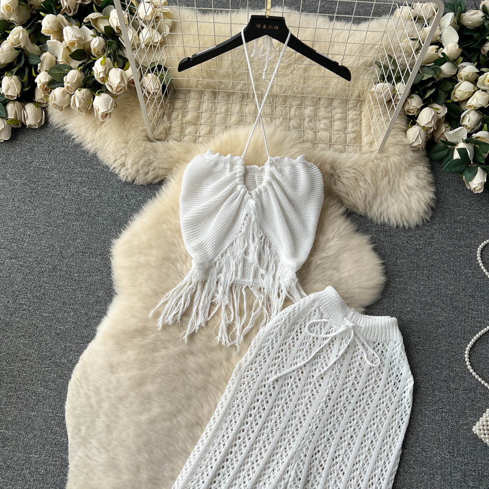 Bohemian beach vacation set for women: summer knit tassel halter top and high-waisted cutout pants two-piece outfit