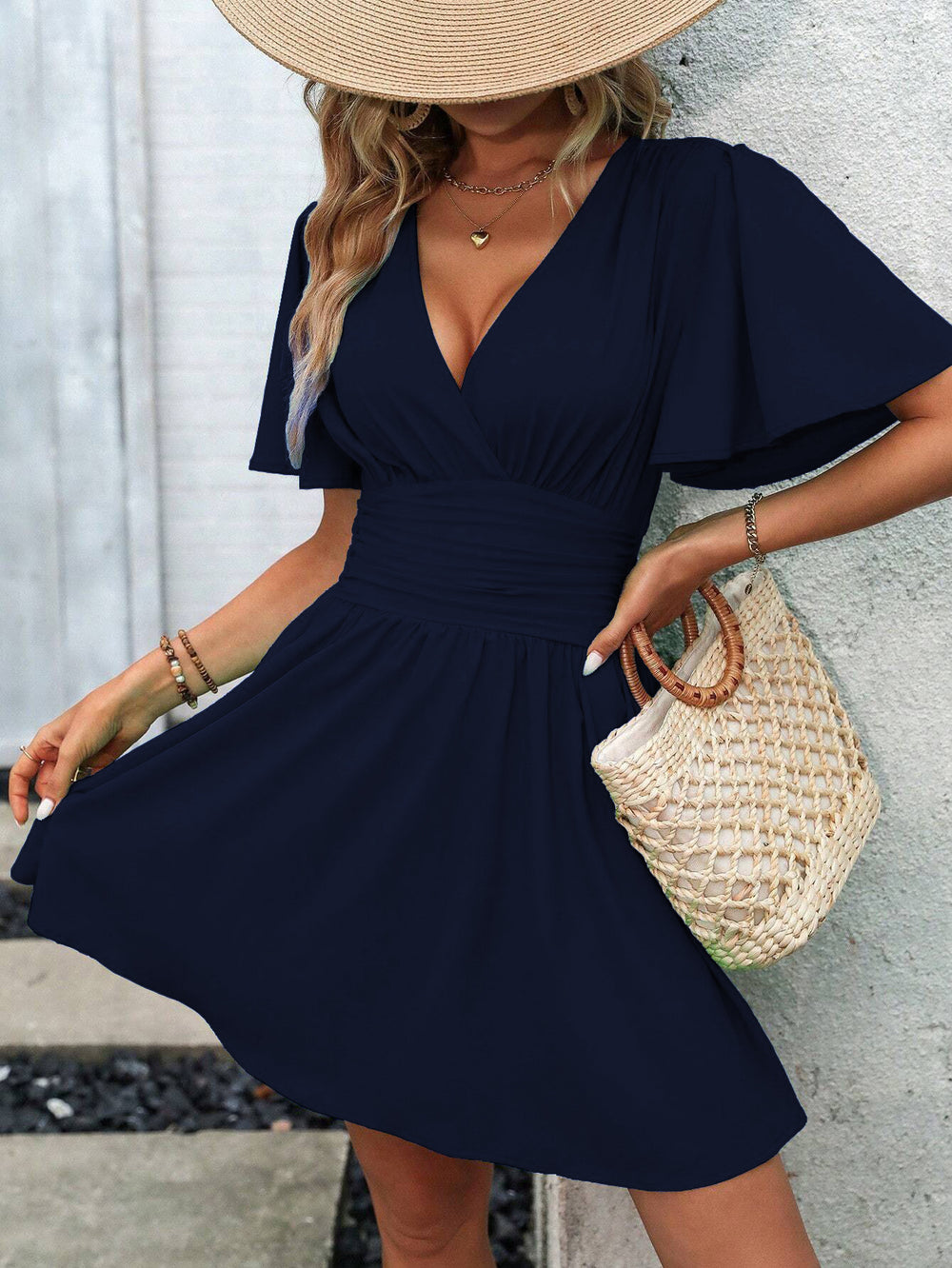 Summer new arrival: deep v-neck ruffle sleeve solid color shirred dress