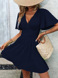 Summer new arrival: deep v-neck ruffle sleeve solid color shirred dress