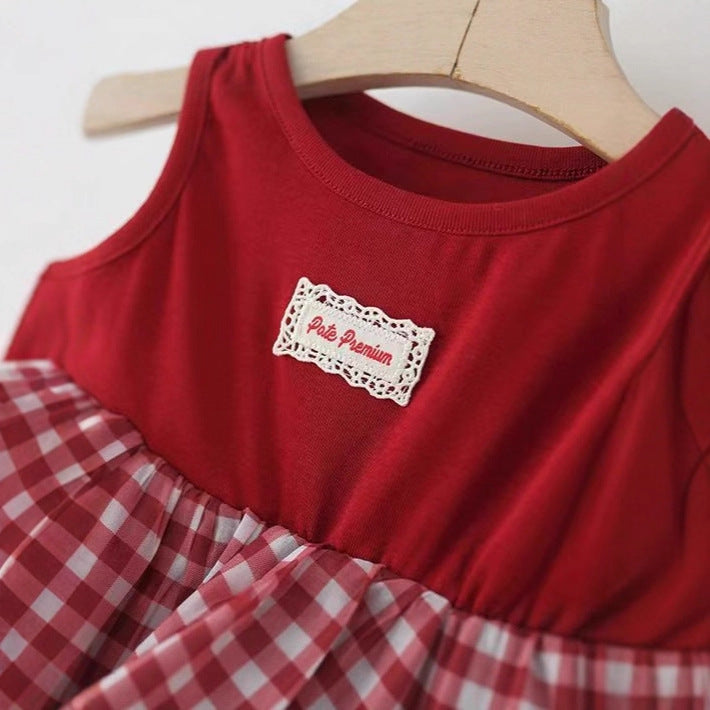 Girls' summer  new sweet princess red plaid patchwork cake vest dress sleeveless princess tutu dress
