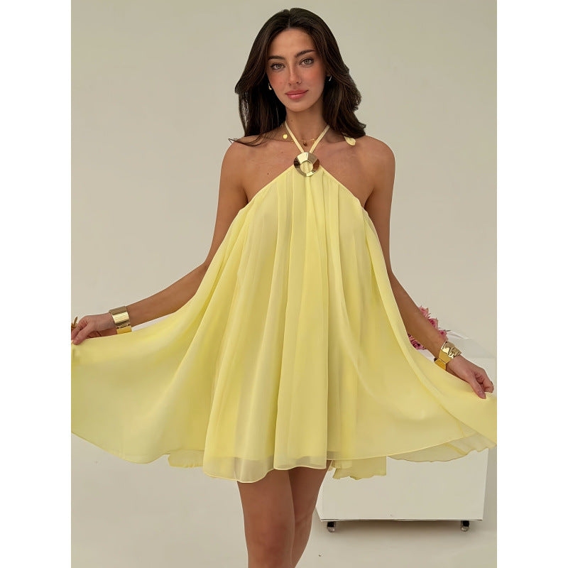 Women's new summer solid color metallic embellished backless sexy cami mini dress - perfect for going out and dating