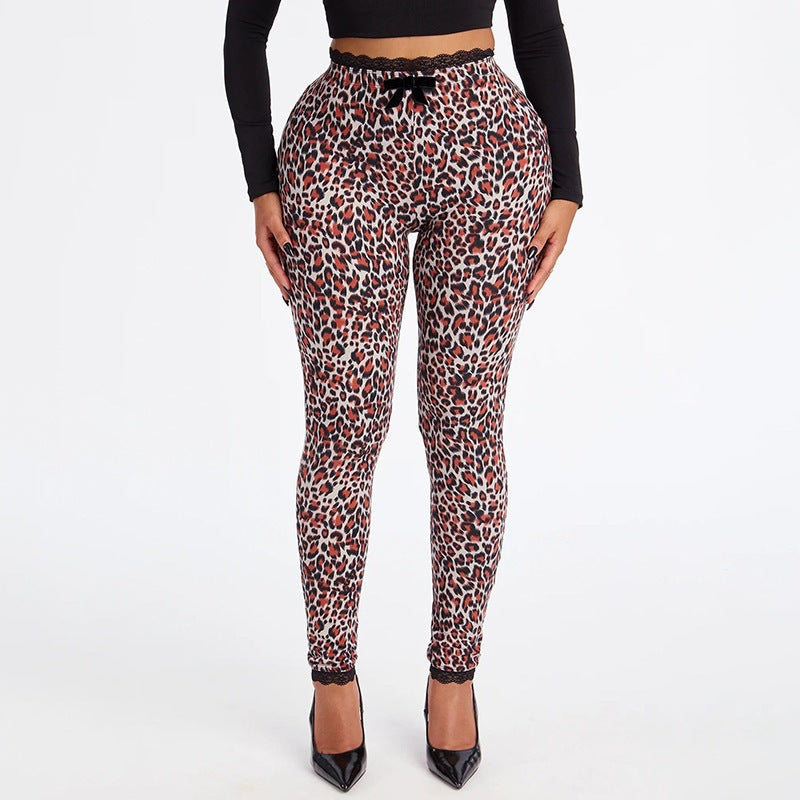 European and american cross-border women's autumn/winter lace-trimmed high-waisted bow print stretchy base layer - fashionable, versatile, and casual