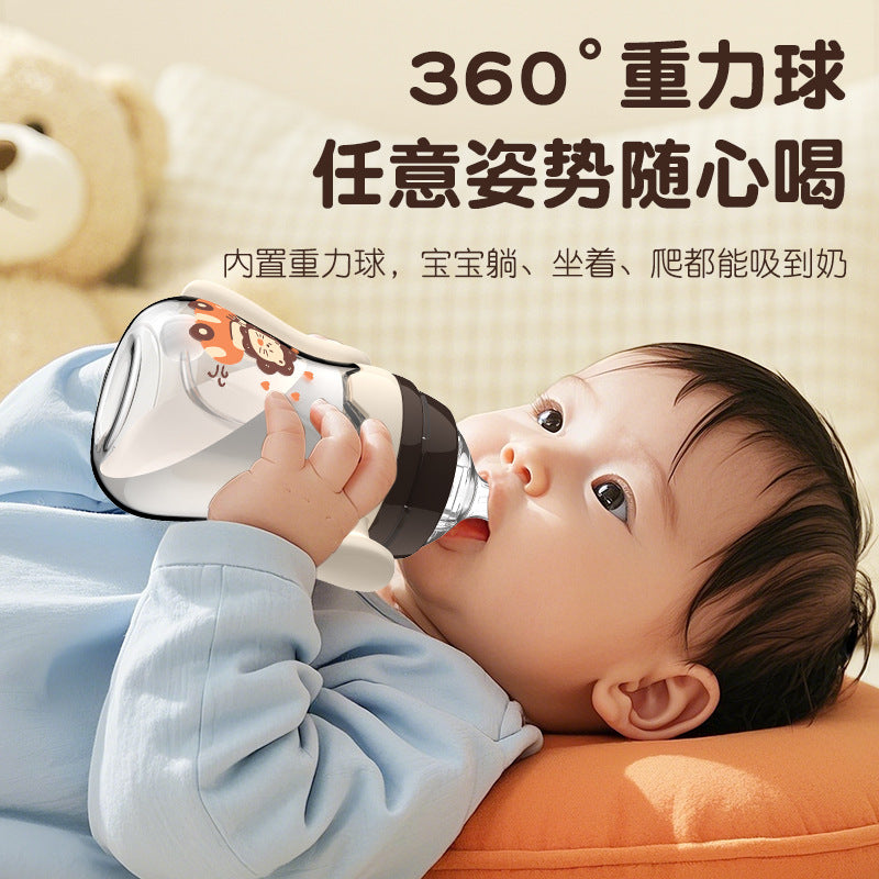 English boxed baby bottle anti-choking and anti-flatulence wide diameter bottle with handle and straw PP bottle wholesale