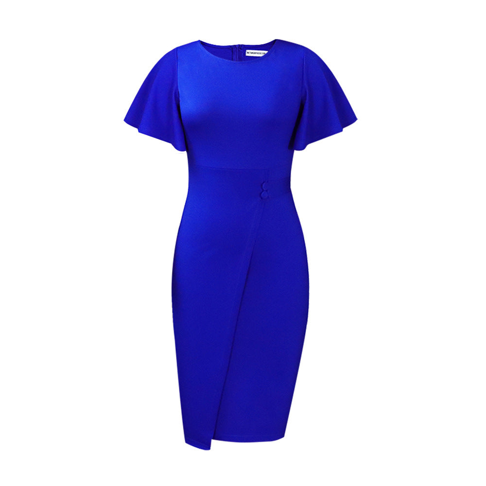 Independent station summer lotus leaf sleeve slit tight bandage professional pure color cross-border women's clothing african large size european and american dress
