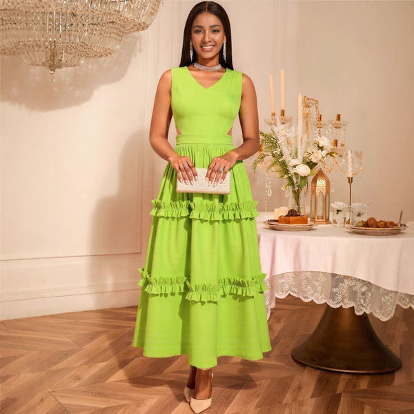 Premium waist side hollow sexy V-neck party dress, small pleated elegant A party evening dress dress