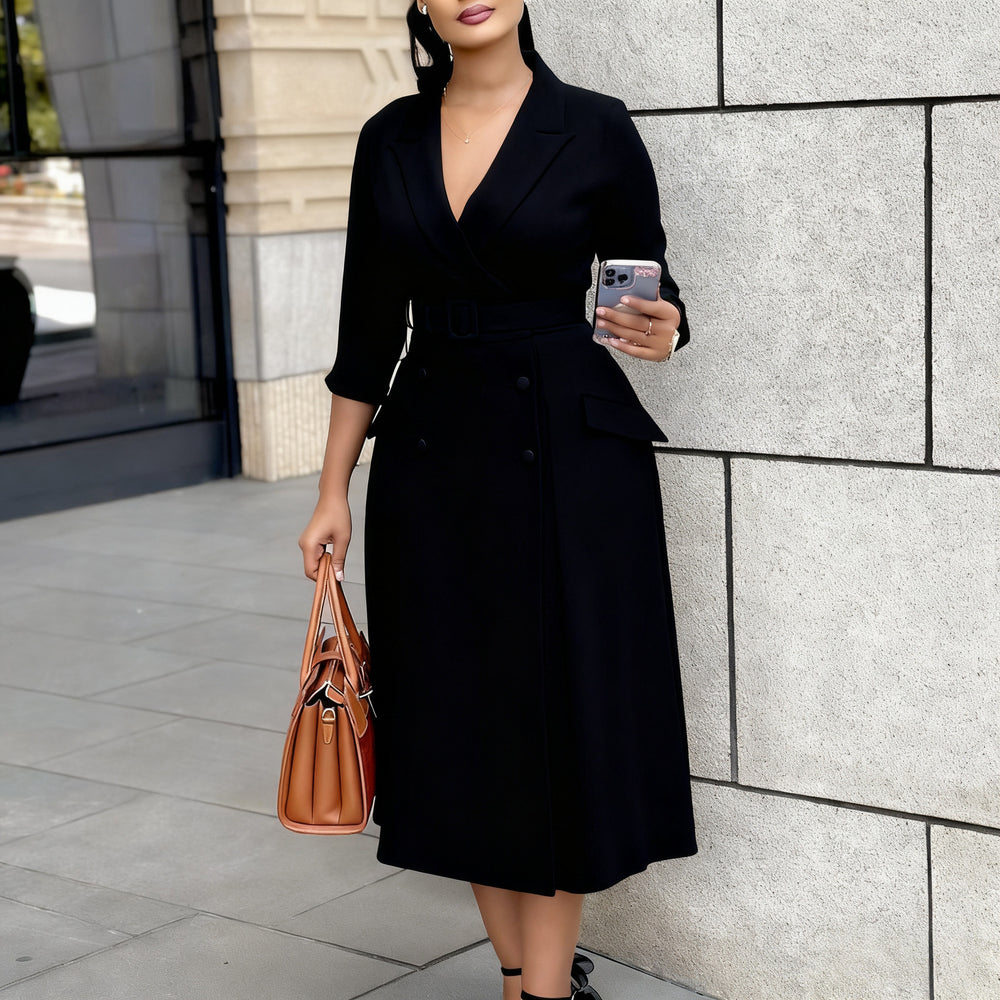 D605 women's foreign trade dress,  autumn/winter new collection, fashionable long-sleeve blazer collar double-breasted midi african dress