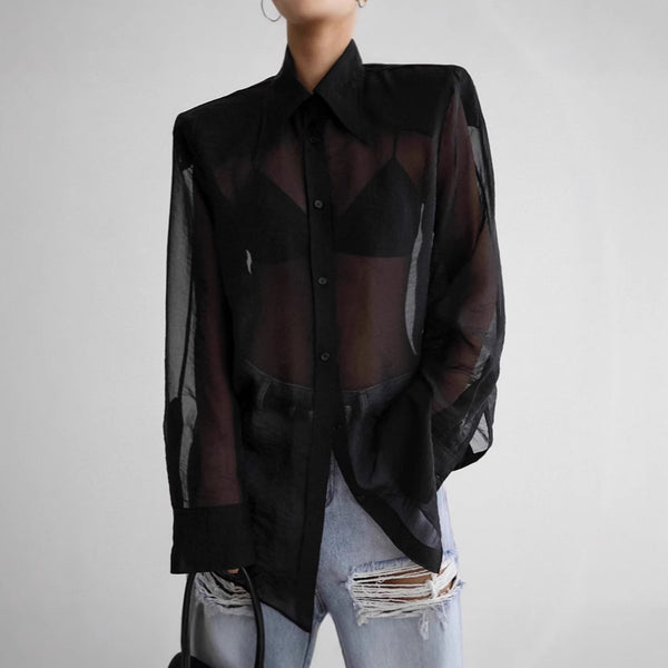 European and American  niche black mesh shirt women's summer street style sunscreen long-sleeved top with shirt women's clothing
