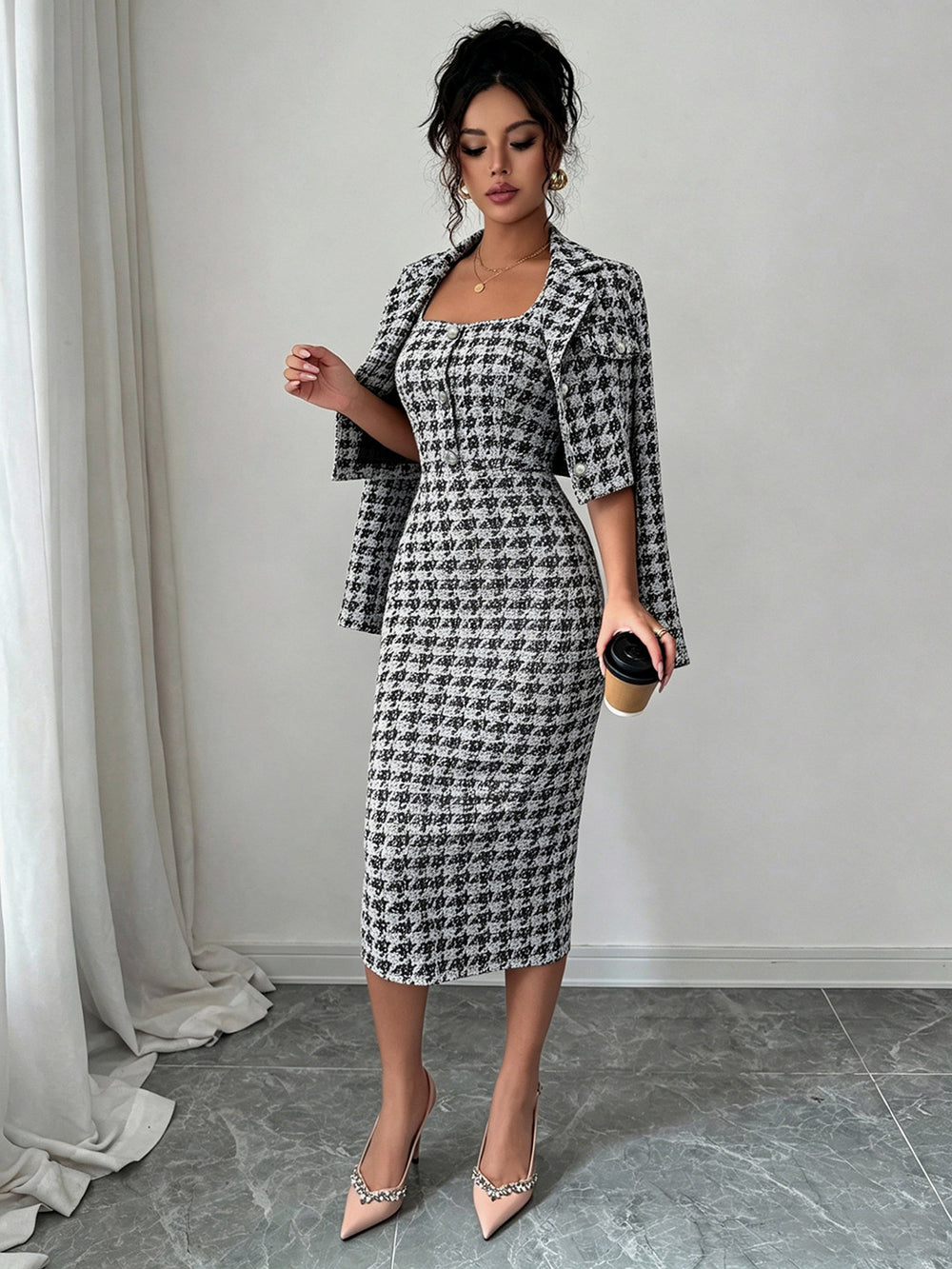 Exportfashionaccessible luxurywork clothing bouclé suitlong sleeves lapelshortoutwearmatching silm suspenders slimming look