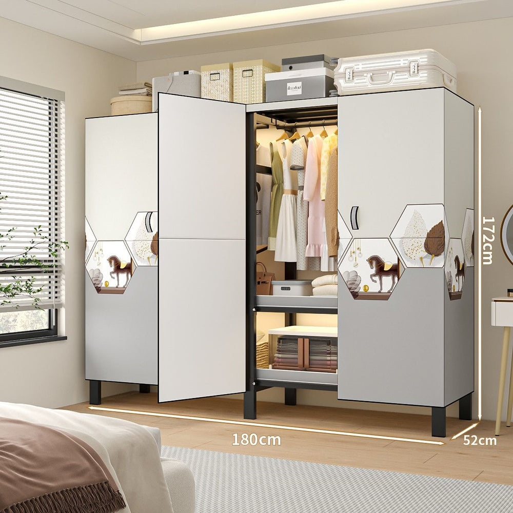 Easy-to-assemble, foldable wardrobe for bedrooms, ideal for home use or rental properties. dustproof, moisture-proof, with reinforced construction, fully sealed, and mildew-resistant. features a convenient swing-out door