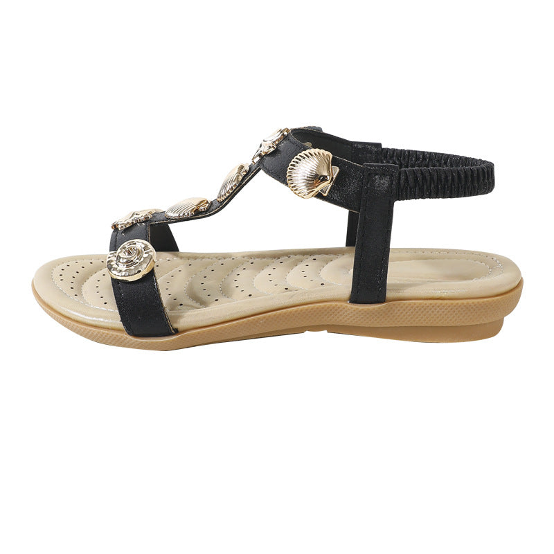 New summer flat heel retro ethnic open-toe sandals women's plus size beach shoes studded sandals