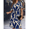 Shipped: cross-border european and american retro slim-fit printed vacation maxi dress with belt, v-neck, and short sleeves for women