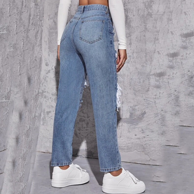 Personalizedjeans women's hot-selling exportfashion worn-out straight-leg pants fashioncasual ripped washed jeans