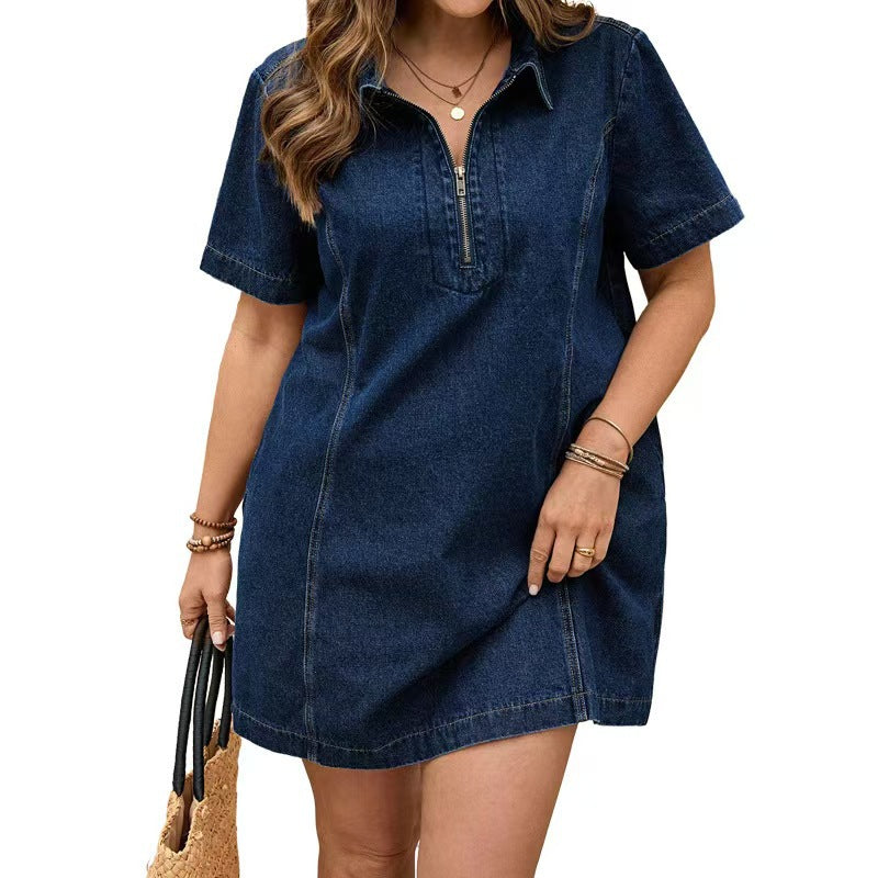 Fashion cross-border  independent station plus size lapel casual mid-length denim skirt short-sleeved loosedress for women