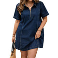 Fashion cross-border  independent station plus size lapel casual mid-length denim skirt short-sleeved loosedress for women