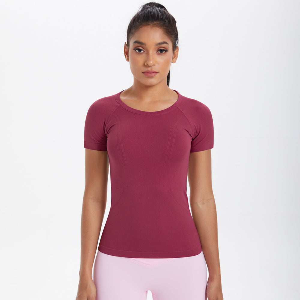Spring/summer new one-piece knit short-sleeve crew neck sports t-shirt - running, fitness, slim-fit, breathable yoga top for women