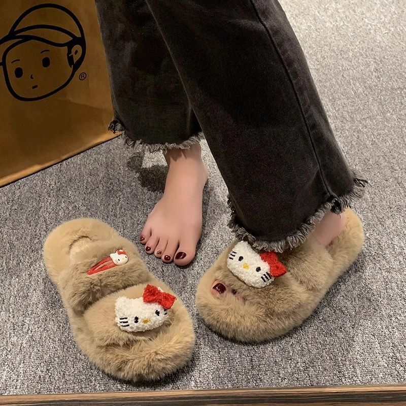Women's fuzzy slippers - 2024 new fashion, versatile, cute, trendy, thick-soled, non-slip, home cotton slippers, thong sandals