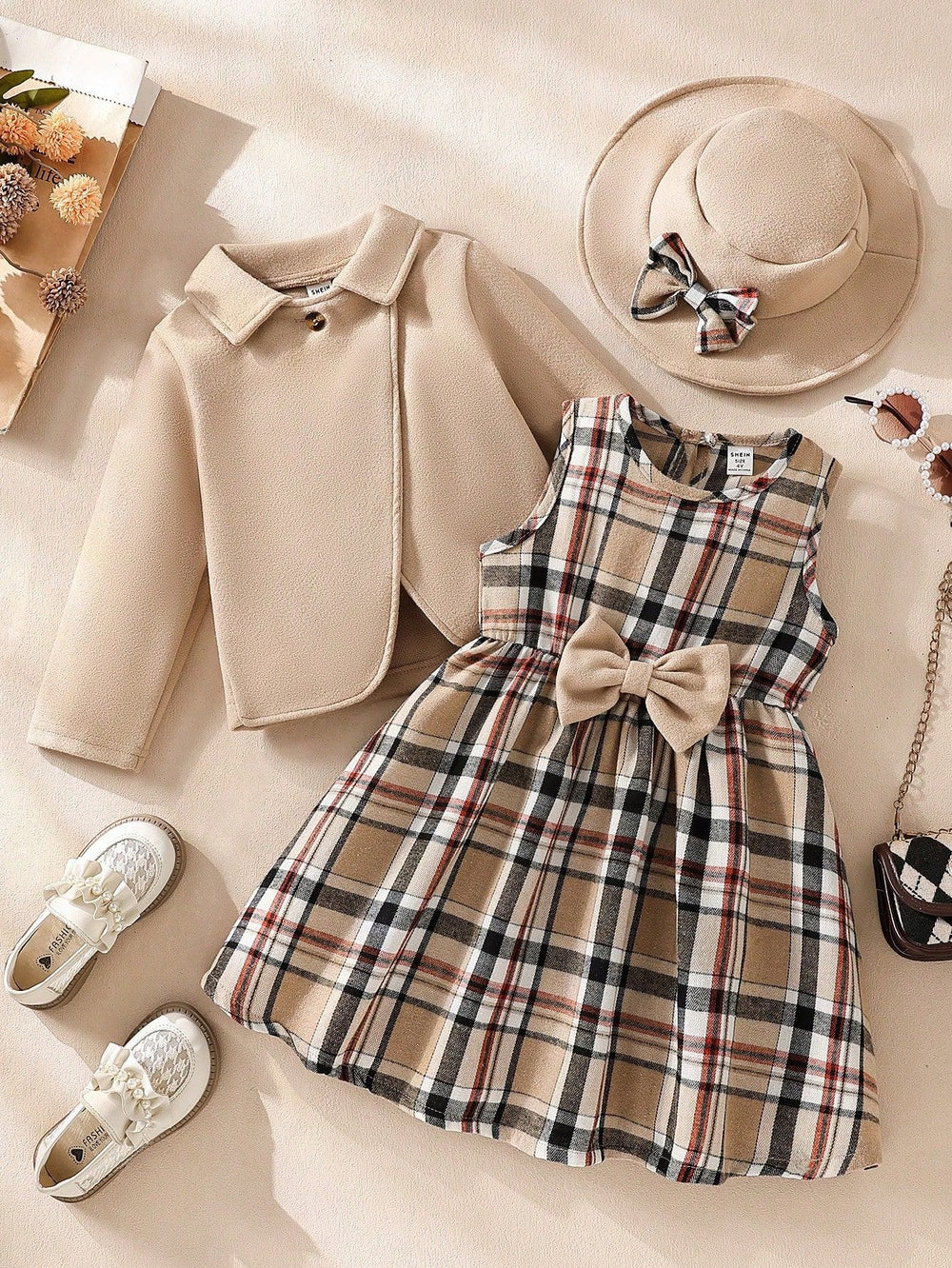 exclusive supply of elegance woolen outwear + plaid a-skirt + bow hat fall and wintergirlsuit three-piece set