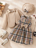 exclusive supply of elegance woolen outwear + plaid a-skirt + bow hat fall and wintergirlsuit three-piece set