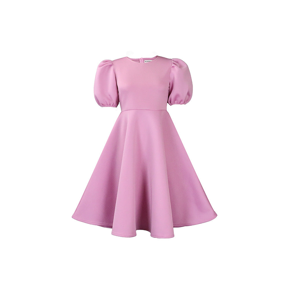 women's summer  round neck fashionable elegant bubble sleeve cinched waist a-line midi dress - western style
