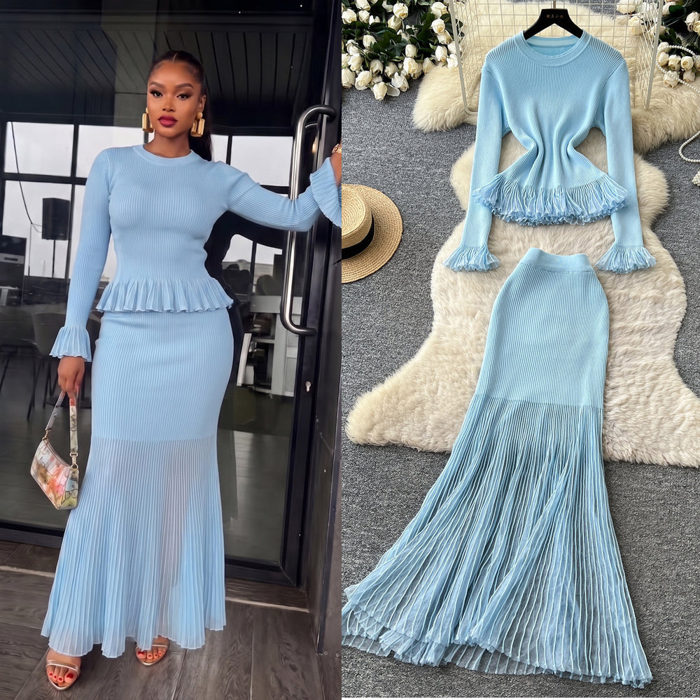 Lightly mature eleganceknittingrufflestops hip skirt two-piece set female autum silmwork clothingelegantsuit