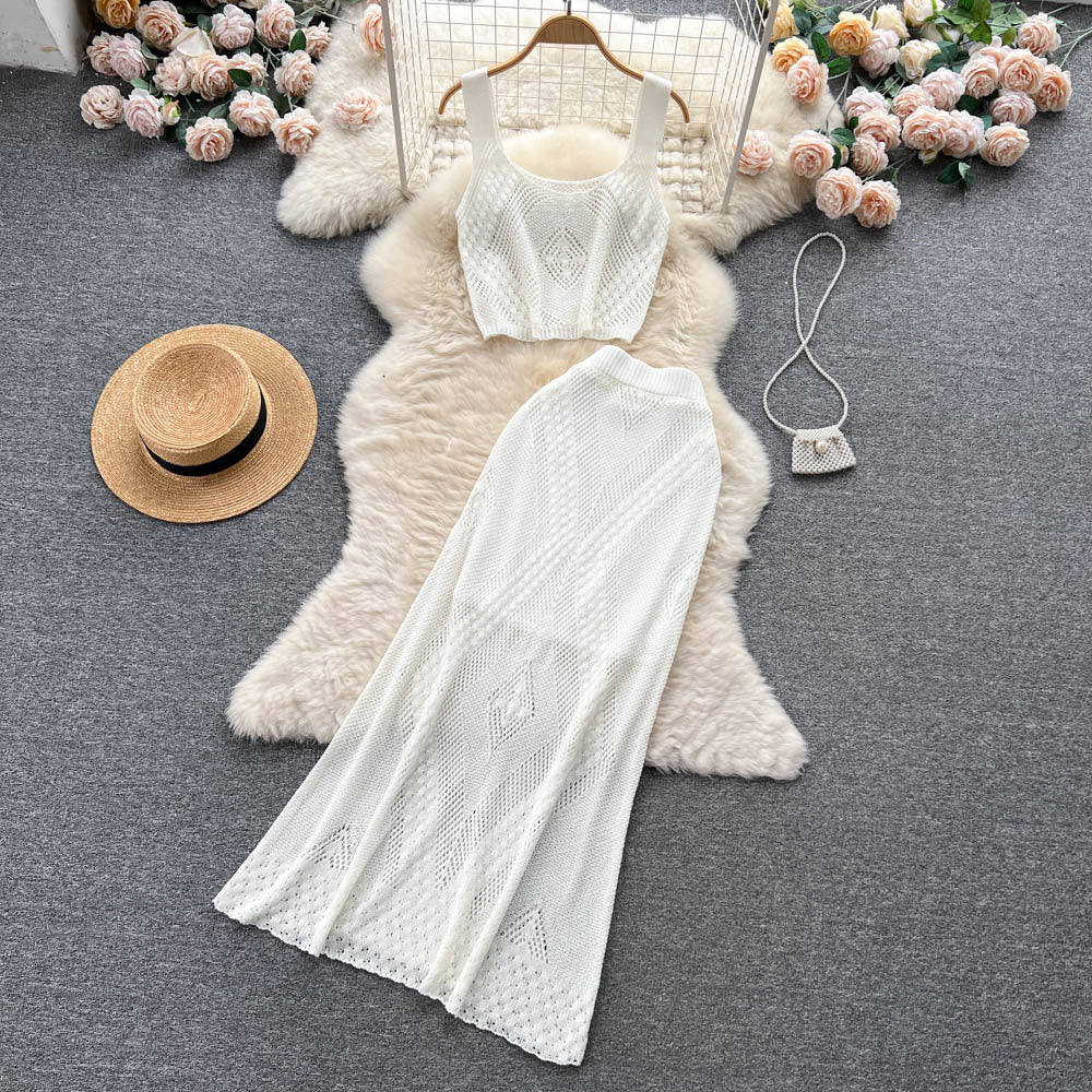 Trendy knitted set for women: new summer collection - unique openwork jacquard camisole and high-waisted bodycon maxi skirt two-piece outfit