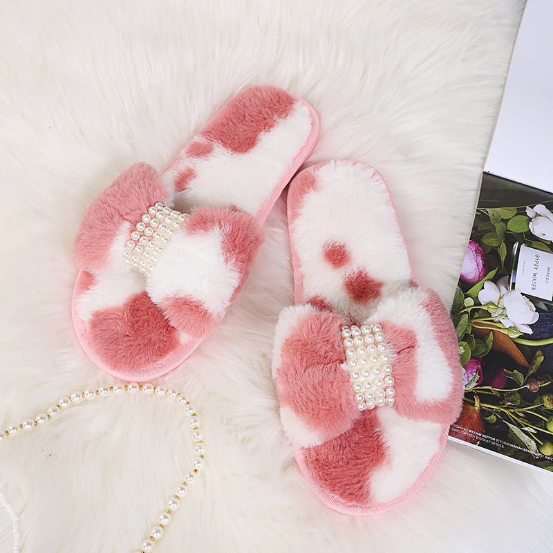 Popular women's slippers 2024fall and winternew arrivalfairy style pearl cow one-line home plaidflats suede fur slippers