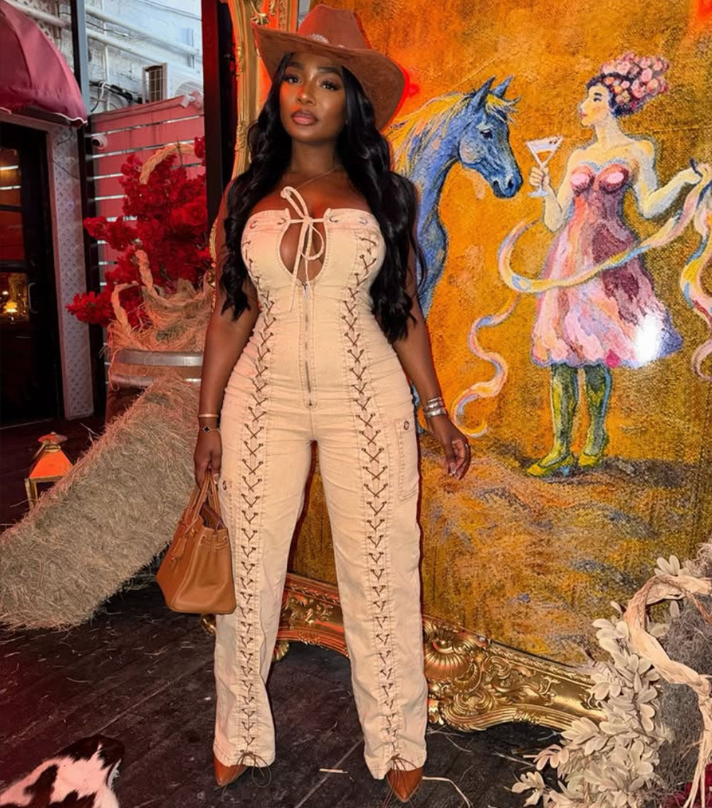 European and american style tube top jumpsuit  cross-border women's clothing sexy hot girl side straps distressed denim jumpsuit