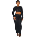 European and american casual skirt set -  cross-border women's fashion: hollow-out mesh long sleeve top + sexy bodycon skirt