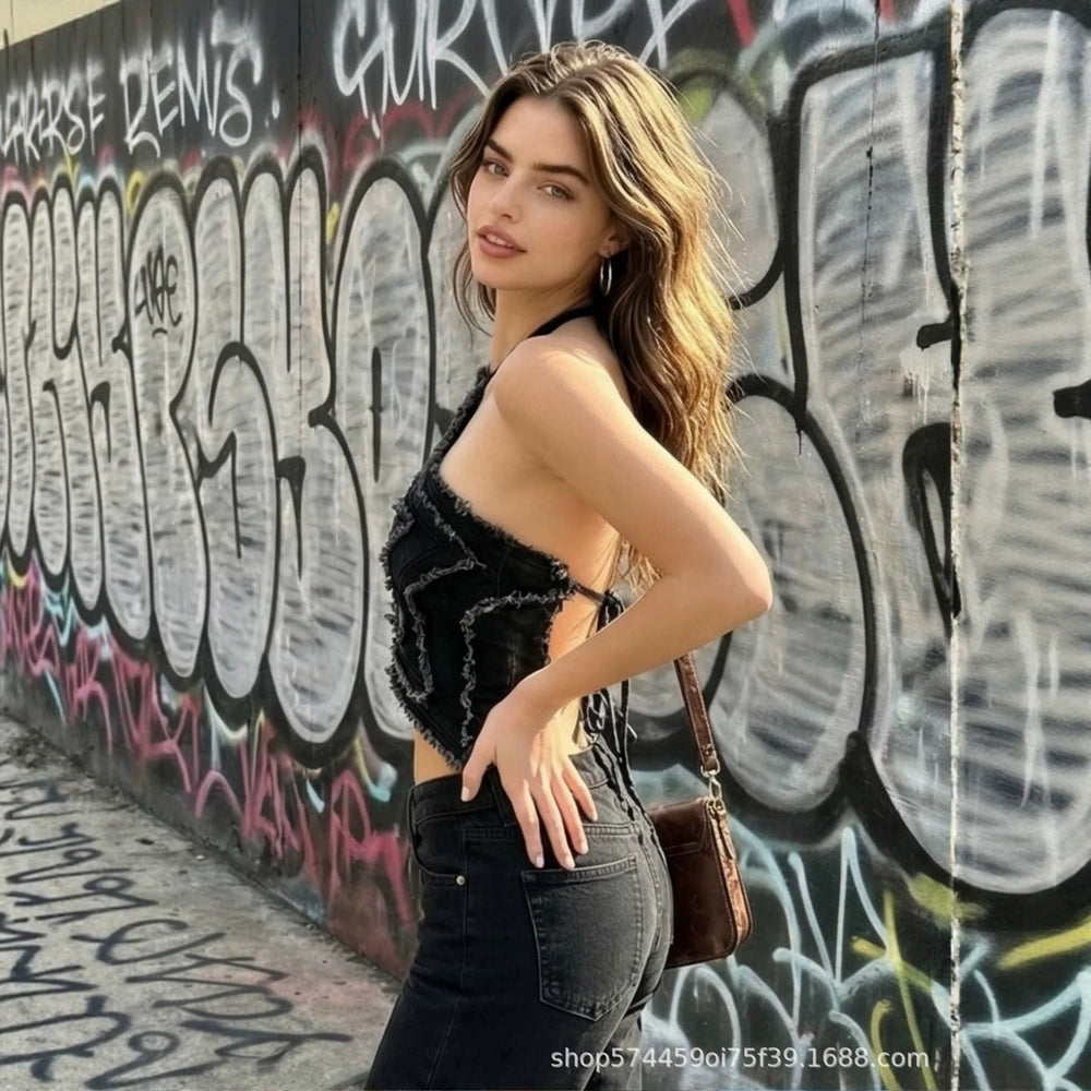 Amazon tiktok xiyin pinduoduo foreign trade cross-border fashion gradient denim star halter top women's summer