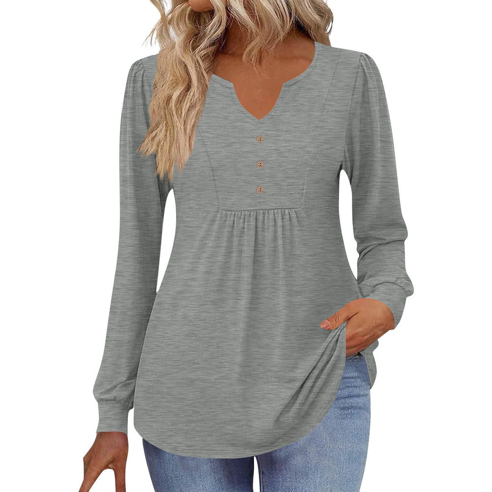 cross-border  women's casual solid color v-neck loose button-down long sleeve t-shirt top