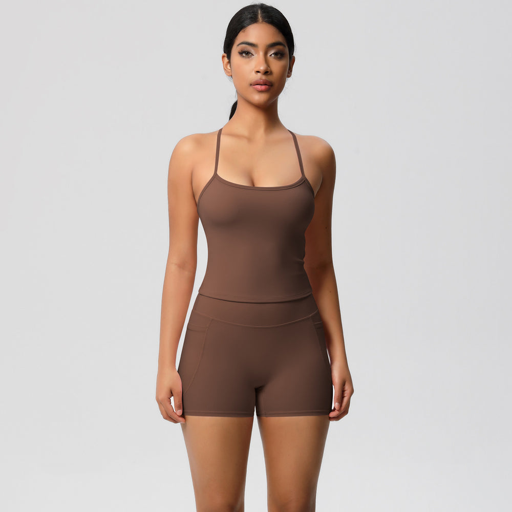 Cloud-feel, brushed, quick-dry yoga set: tank top with racerback, butt-lifting shorts, and pockets - perfect for running and fitness
