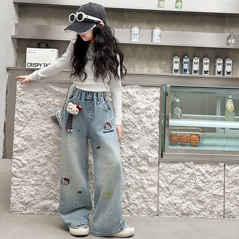Girls' hello kitty denim jeans, spring/summer  new collection, mid-to-large size, wide-leg pants for girls aged 8-9