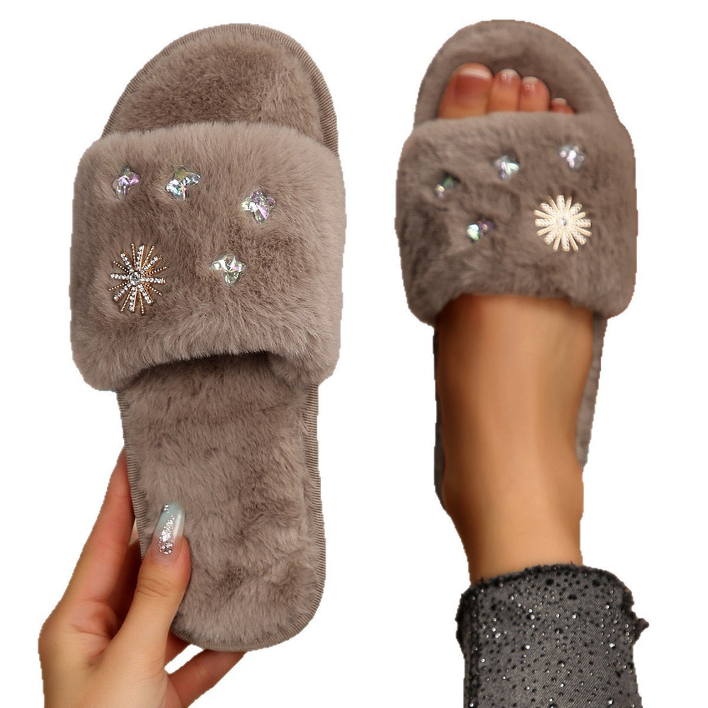 new arrivalfashionpopular rhinestone fur slippers women's fall and winter home thickenedheattech floor cotton slippers