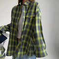 cross-border vintage style versatile turn-down collar loose fit shirt - spring/autumn plaid long sleeve pocket women's blouse