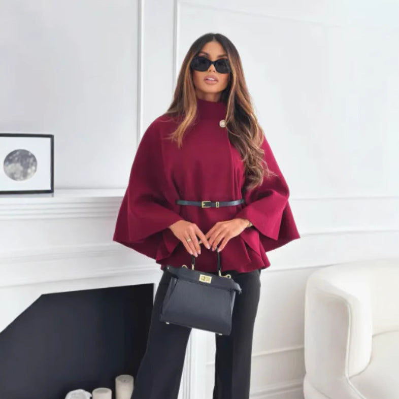 fashion women's winter elegant solid color waist-cinching tie-up wool blend cape coat