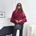 fashion women's winter elegant solid color waist-cinching tie-up wool blend cape coat